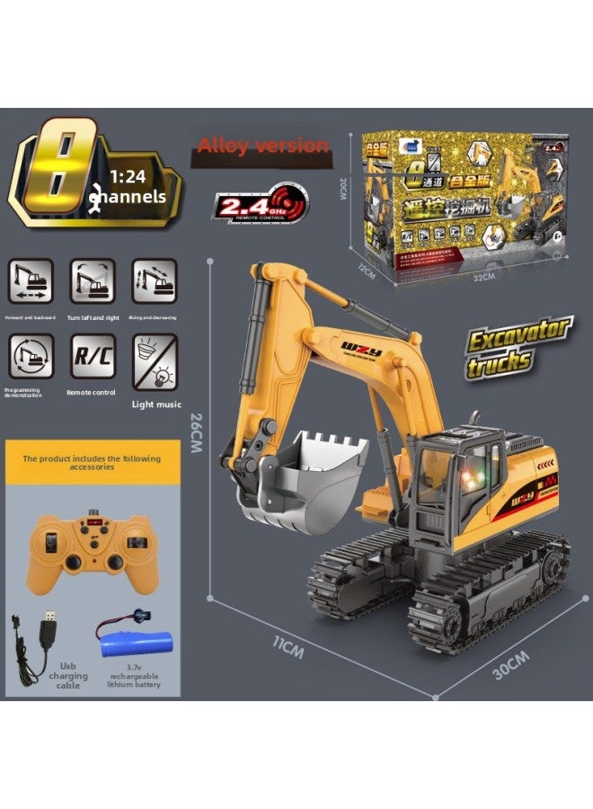 Children's Remote Control Car Alloy Excavator Simulation Excavator Engineering Car Toy Car Car Boy Gift-Color:(yellow) 8-way Excavator 【color Box Alloy Version】-Scale:3 Sets Of Charging Sets - Image 1